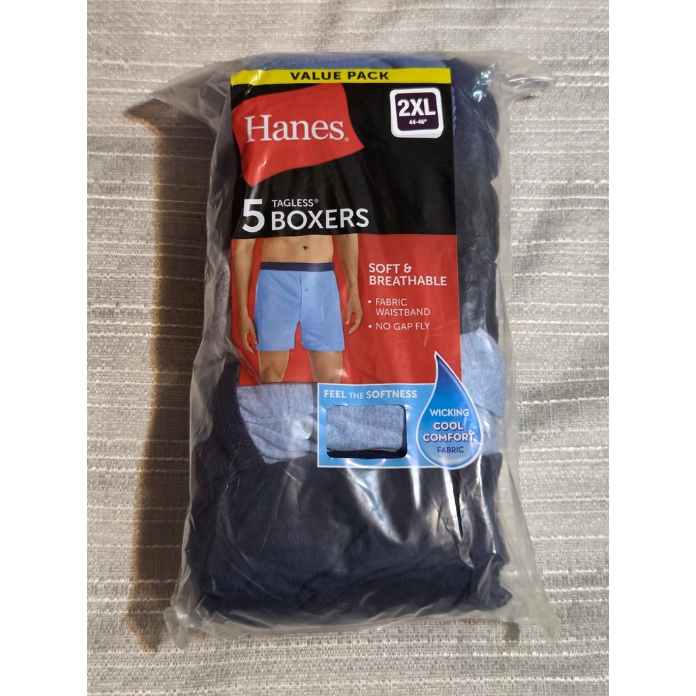 Hanes Mens 5 Pack Tagless Boxers 2XL Blue Navy Wicking Cool Comfort